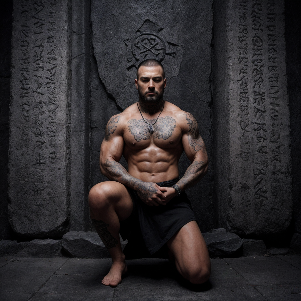 Photo d'un homme musclé, tatoué, les yeux fermés, face à l'objectif, un genou au sol devant une pierre gravée de runes viking. 